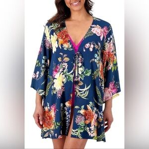 Jantzen Blue Tie Front Woven Cover-Up Floral Tropical Women’s Size 1X NWT